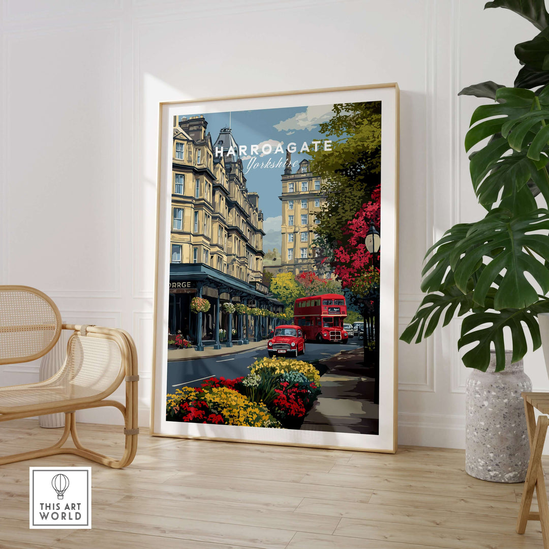 Harrogate Print | English City Wall Decor featuring a vibrant scene of Harrogate's architecture and iconic red double-decker bus.