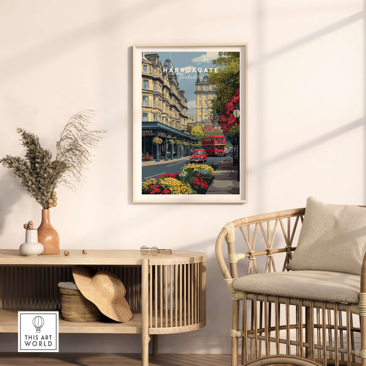 Harrogate Print | English City Wall Decor featuring a charming street scene with a red bus and floral accents.