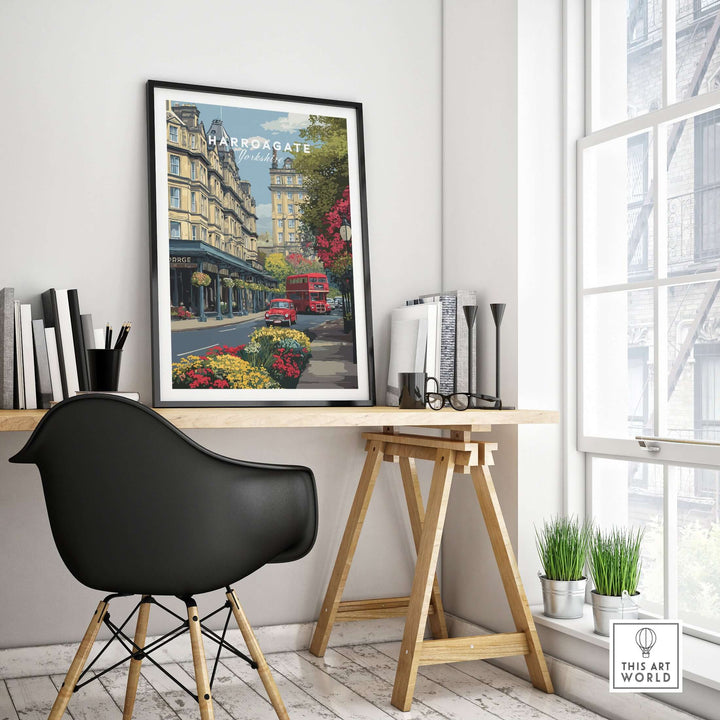 Harrogate Print | English City Wall Decor showcasing a vibrant street scene with elegant buildings and a red double-decker bus.