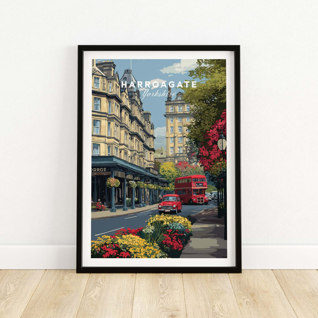 Harrogate Print | English City Wall Decor featuring vibrant street scene and iconic red bus.