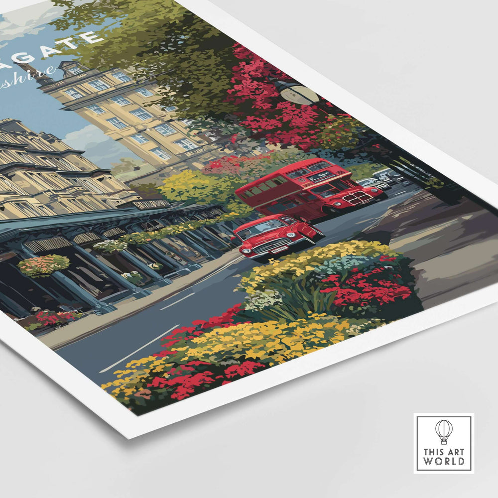 Harrogate Print | English City Wall Decor featuring a vibrant street scene, red double-decker bus, and colorful flowers.