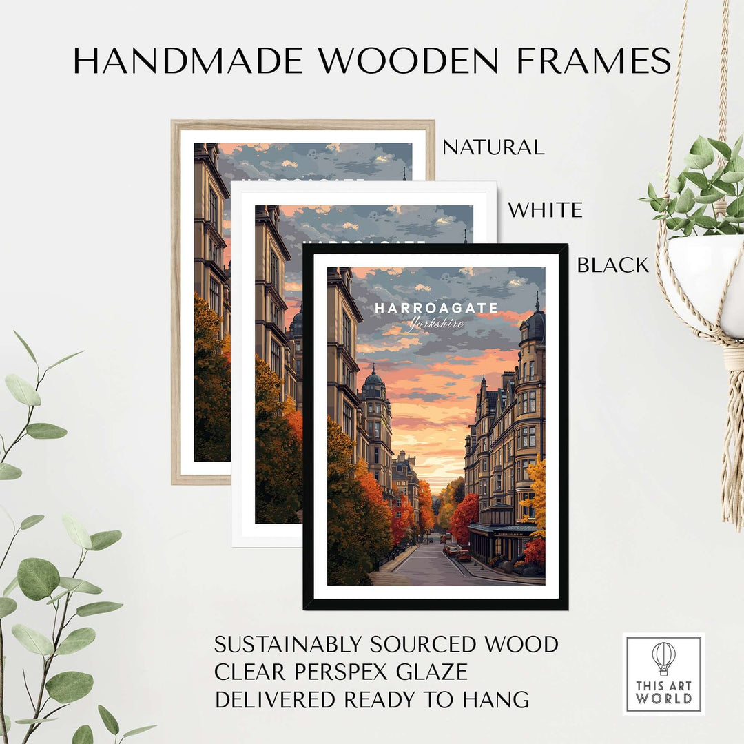 Harrogate Print | English Travel Wall Decor displayed in handmade wooden frames in natural, white, and black finishes.