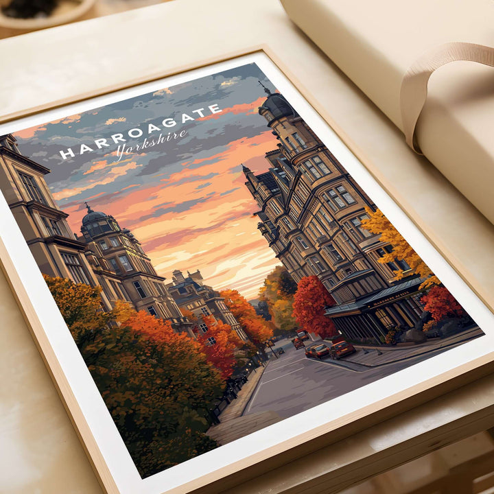 Harrogate Print | English Travel Wall Decor featuring a picturesque street view in Yorkshire during sunset.