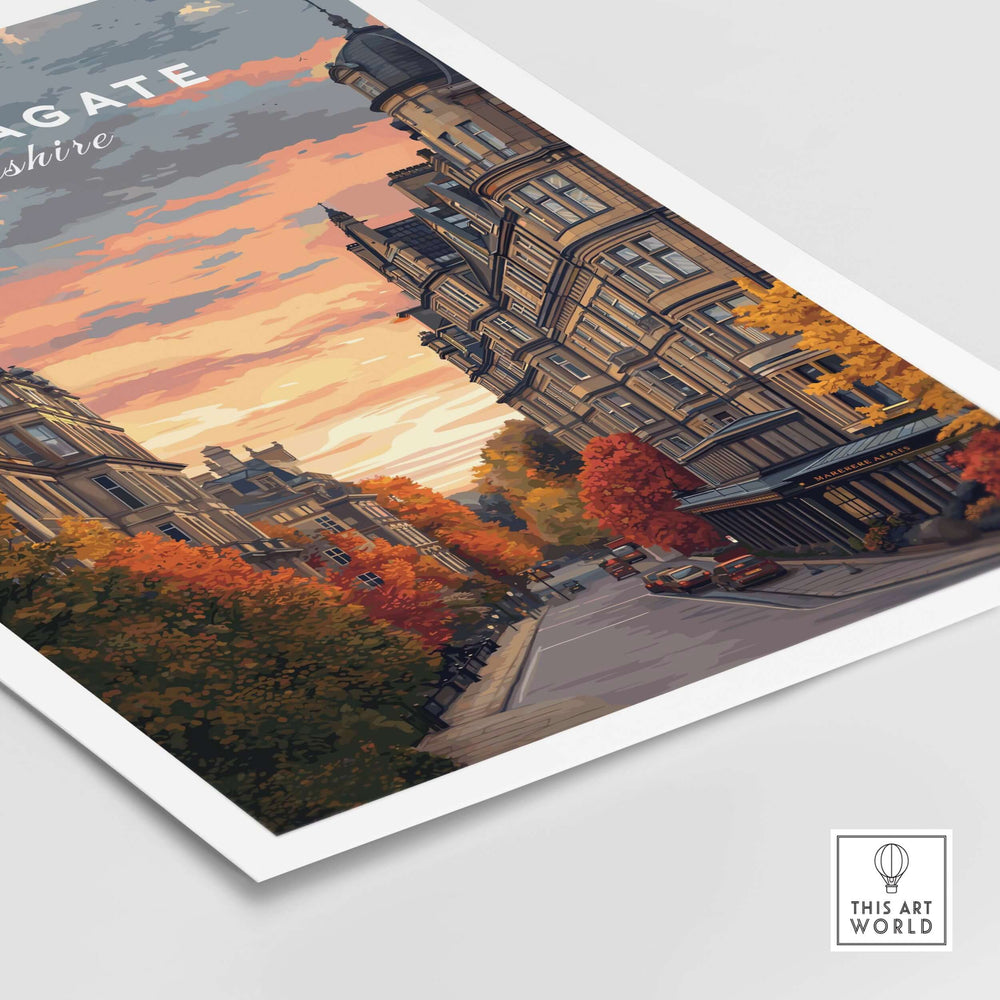 Harrogate Print | English Travel Wall Decor featuring charming streets and historic buildings at sunset.