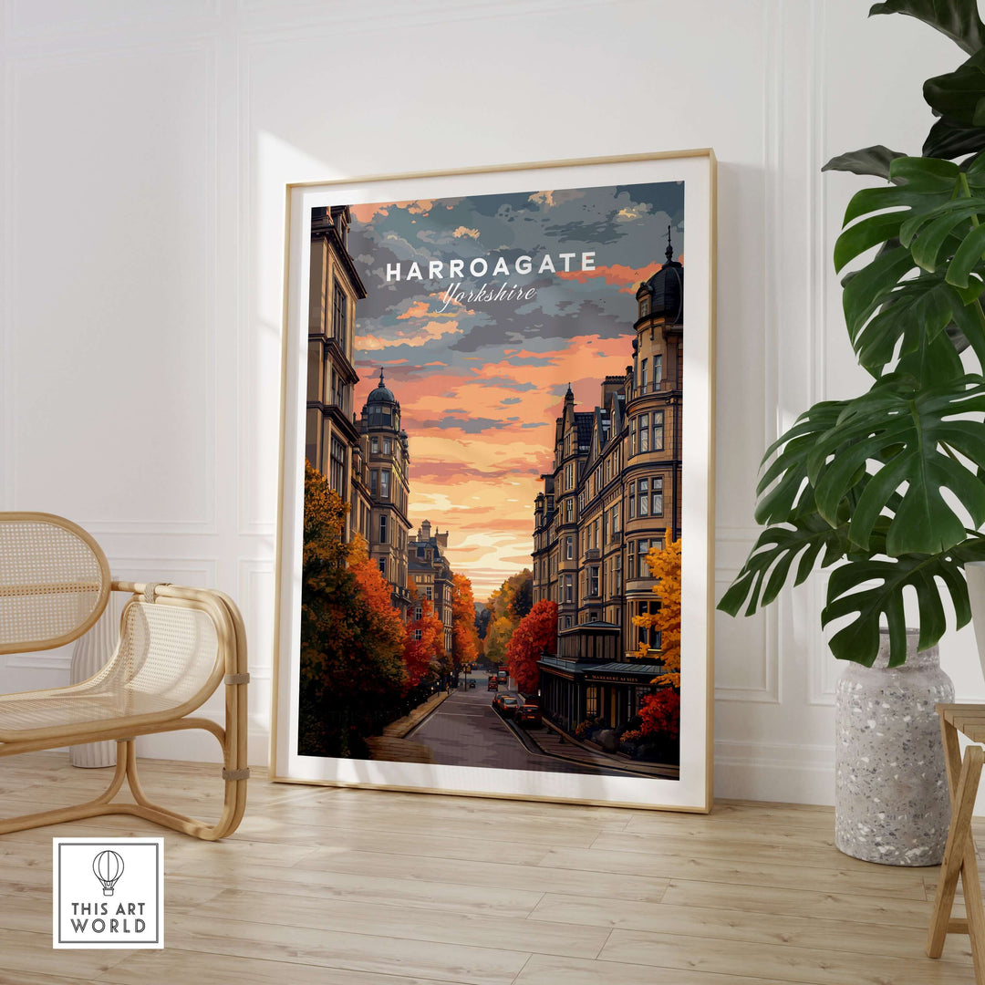 Harrogate Print | English Travel Wall Decor featuring a picturesque street scene with autumn colors.