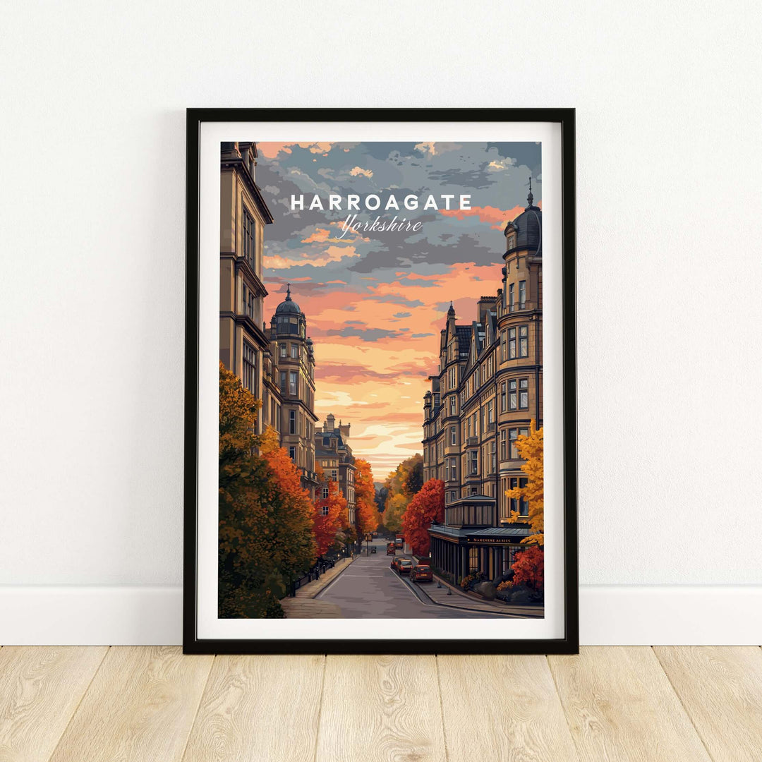 Harrogate Print | English Travel Wall Decor showcasing the charming streets of Harrogate, Yorkshire at sunset.