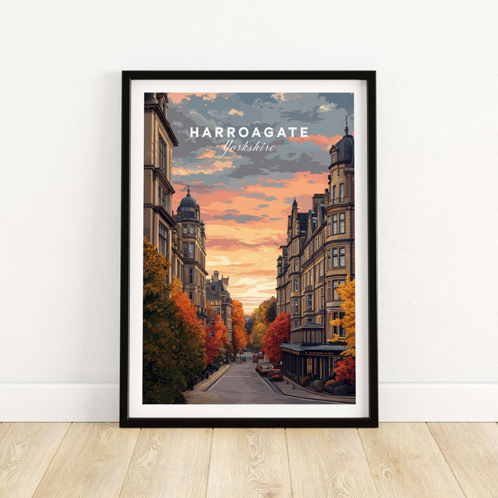 Harrogate Print | English Travel Wall Decor showcasing the charming streets of Harrogate, Yorkshire at sunset.