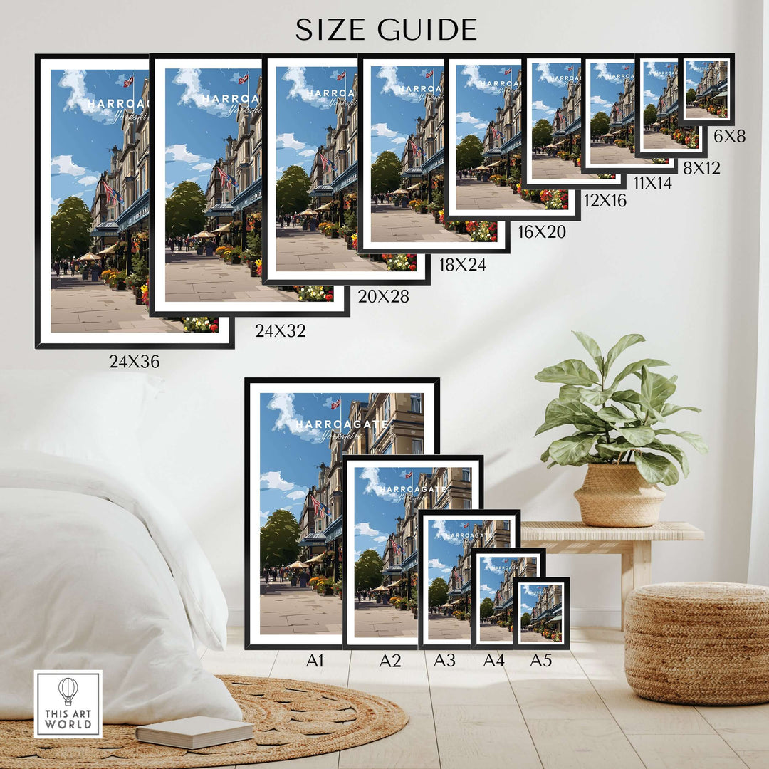 Size guide for Harrogate Street View Print | Yorkshire Home Decor featuring various frame dimensions.