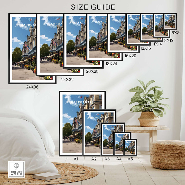 Size guide for Harrogate Street View Print | Yorkshire Home Decor featuring various frame dimensions.