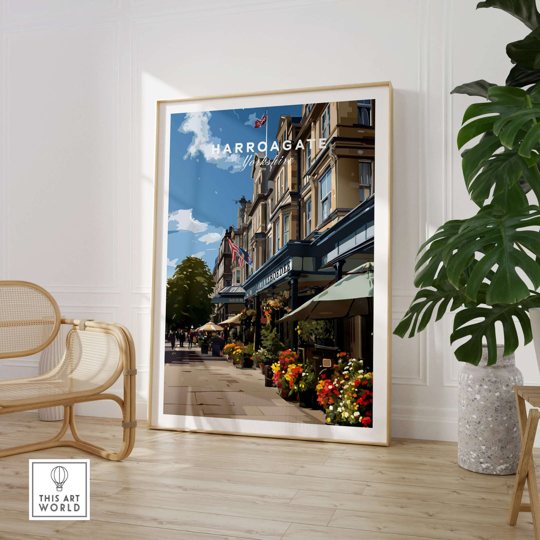Harrogate Street View Print | Yorkshire Home Decor showcasing the charming streets of Harrogate with vibrant flowers.