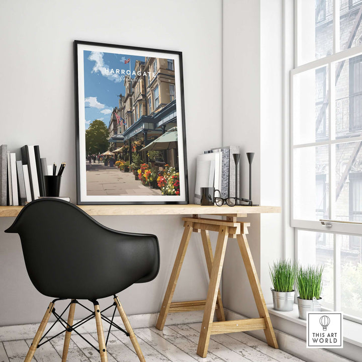 Harrogate Street View Print | Yorkshire Home Decor displayed in a stylish interior with workspace and natural light.