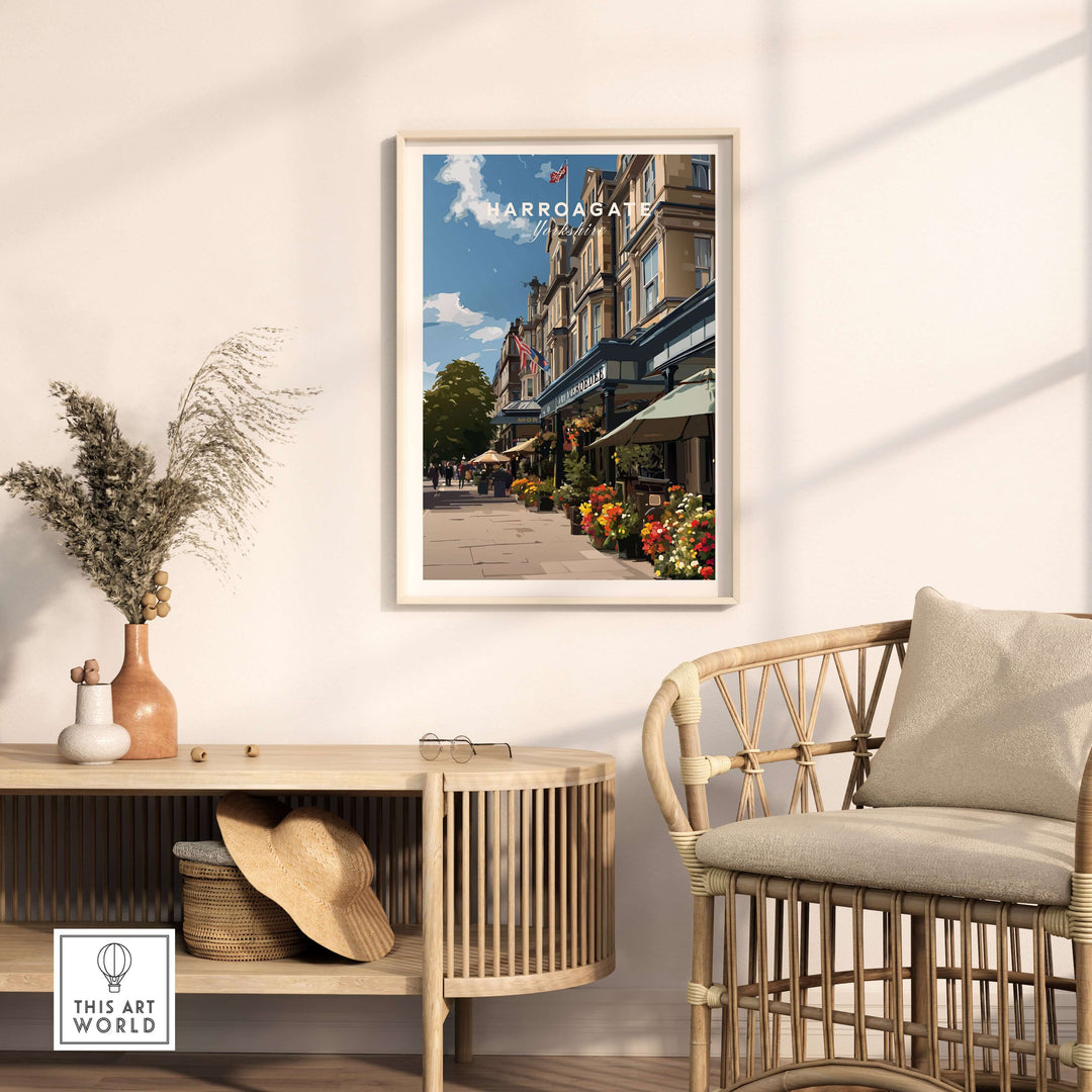 Harrogate Street View Print | Yorkshire Home Decor displayed in a stylish living room setup with a cozy chair.