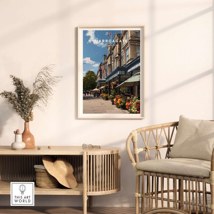 Harrogate Street View Print | Yorkshire Home Decor displayed in a stylish living room setup with a cozy chair.