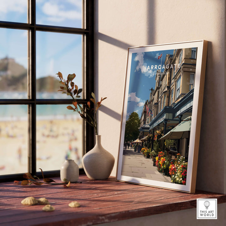 Harrogate Street View Print | Yorkshire Home Decor displayed on a wooden table near a window.