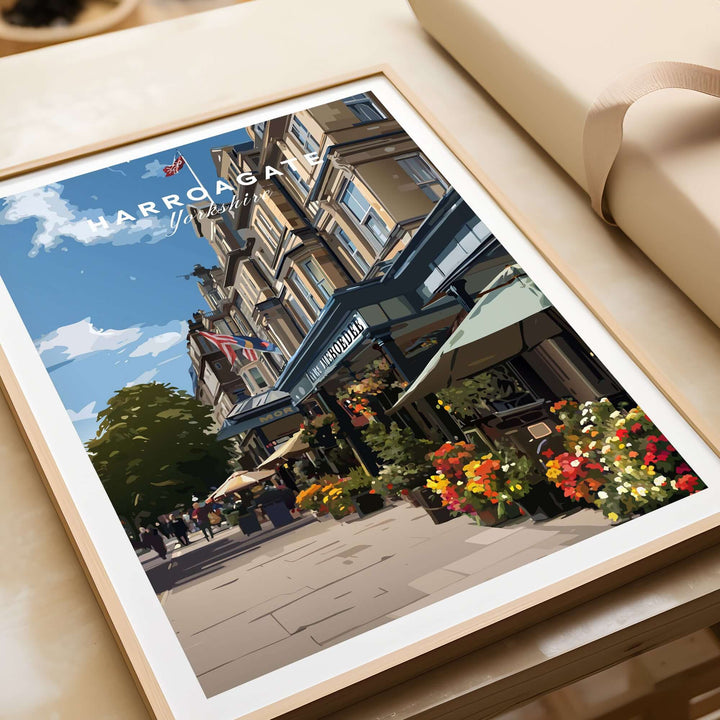 Harrogate Street View Print | Yorkshire Home Decor showcasing a vibrant streetscape with flowers and local architecture.