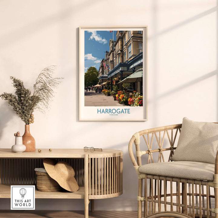 Harrogate Yorkshire Art Print | Floral Cafe Scene Poster displayed in a cozy living room with floral decor.