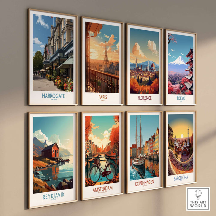 Harrogate Yorkshire Art Print | Floral Cafe Scene Poster displayed among city art prints on a wall.