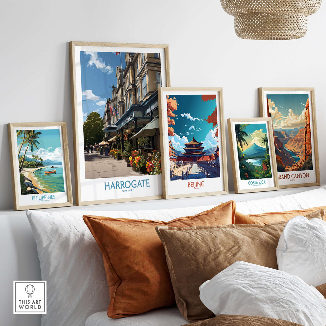 Harrogate Yorkshire Art Print | Floral Cafe Scene Poster displayed among other travel art prints in a cozy living room setting.