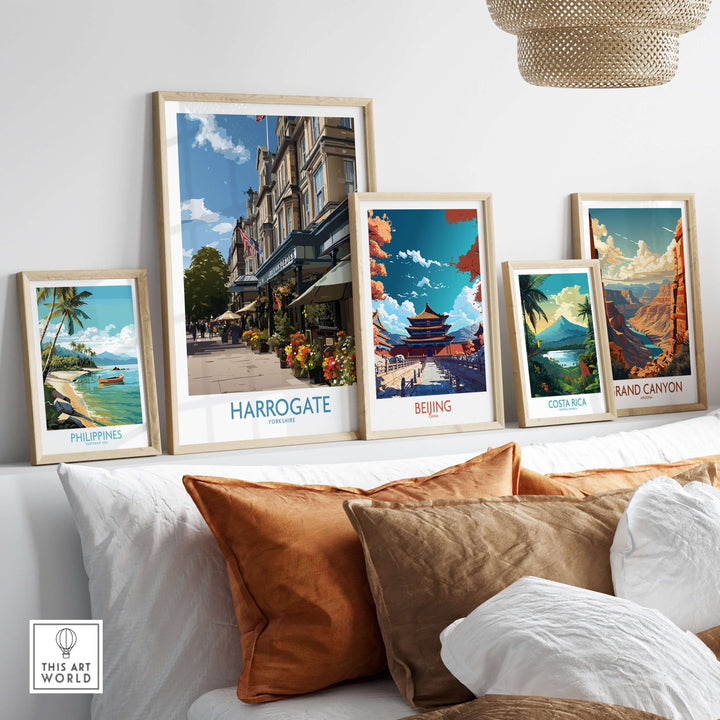 Harrogate Yorkshire Art Print | Floral Cafe Scene Poster displayed among other travel art prints in a cozy living room setting.