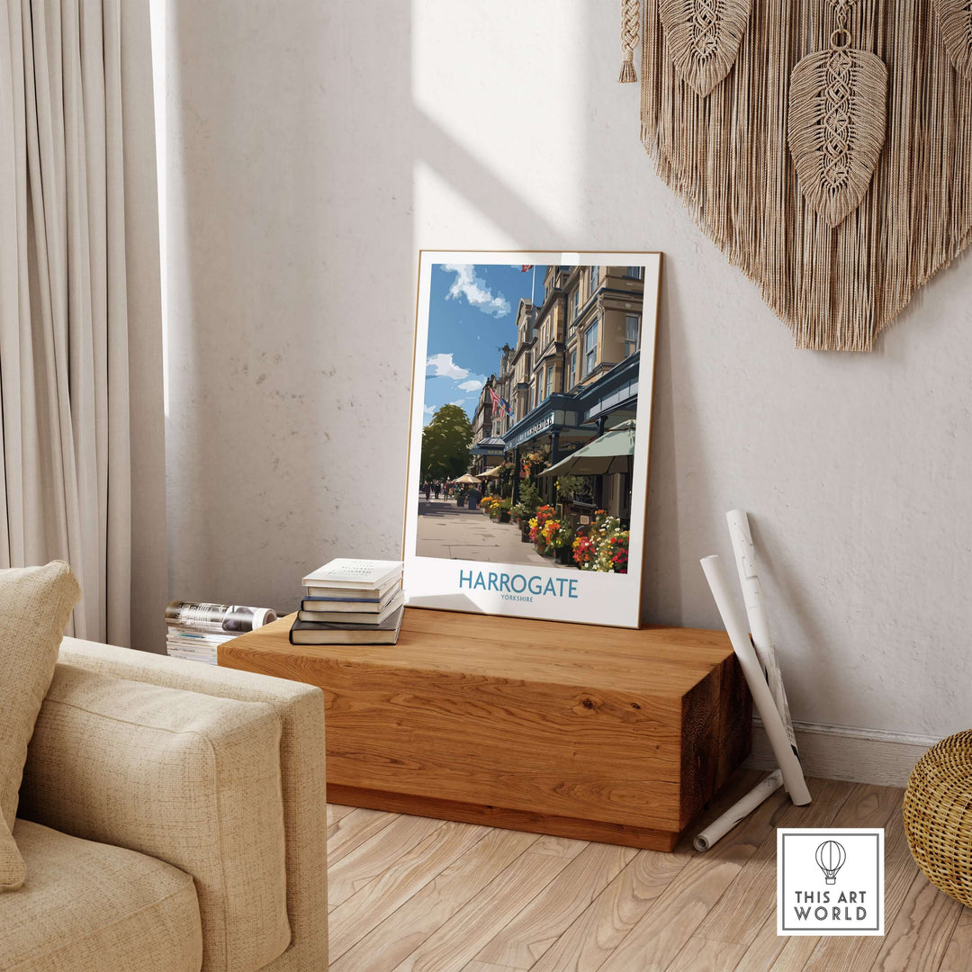 Harrogate Yorkshire Art Print | Floral Cafe Scene Poster displayed in a cozy living room setting.