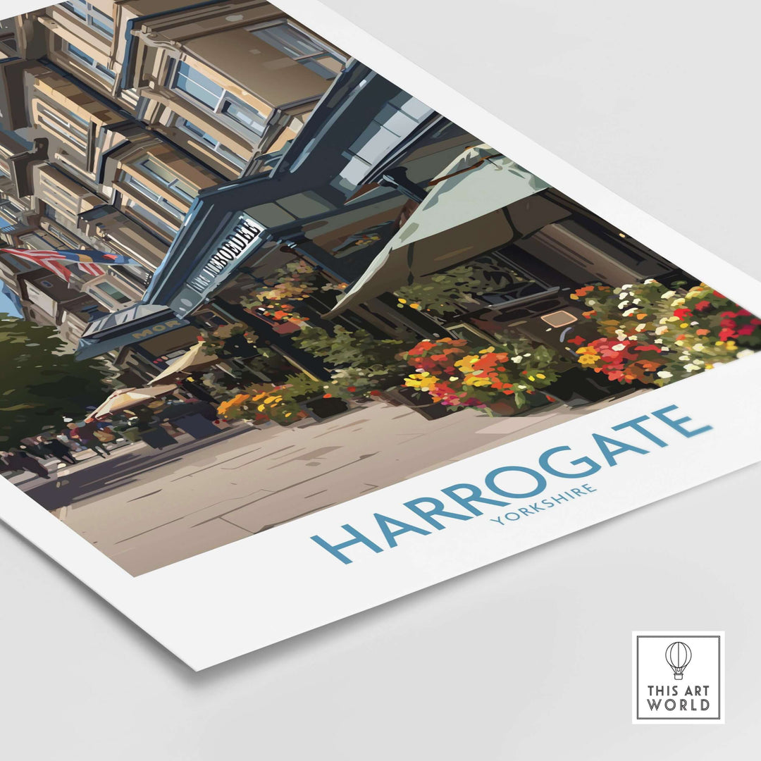 Harrogate Yorkshire Art Print | Floral Cafe Scene Poster showcasing a vibrant café setting with flowers in a charming street.