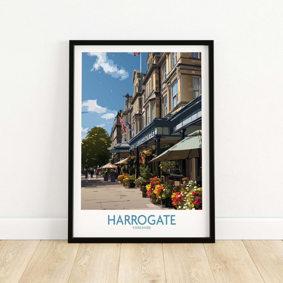 Harrogate Yorkshire Art Print | Floral Cafe Scene Poster showcasing a charming café with floral details.