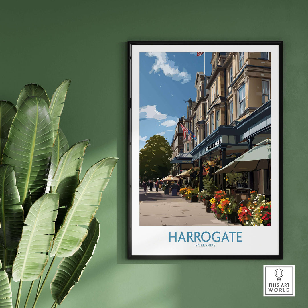 Harrogate Yorkshire Art Print | Floral Cafe Scene Poster featuring a charming café and floral decorations.