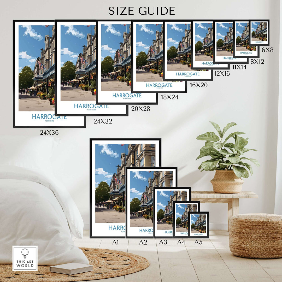 Harrogate Yorkshire Art Print | Floral Cafe Scene Poster size guide showcasing available dimensions.