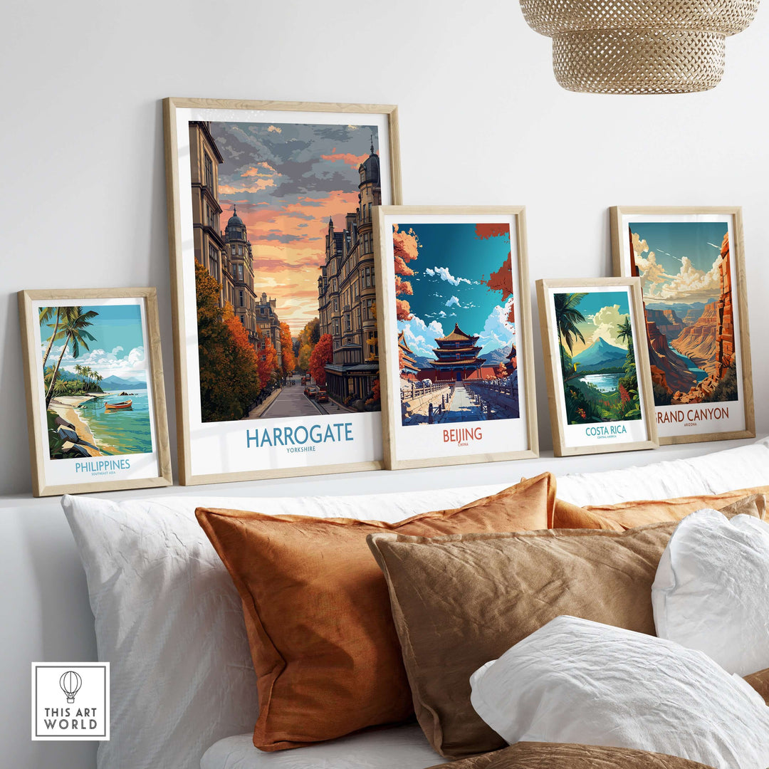 Harrogate Yorkshire Autumn Street Art Print | Sunset Avenue Poster displayed among framed travel art prints.