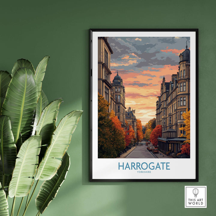 Harrogate Yorkshire Autumn Street Art Print | Sunset Avenue Poster showcasing a vibrant sunset over autumn streets.