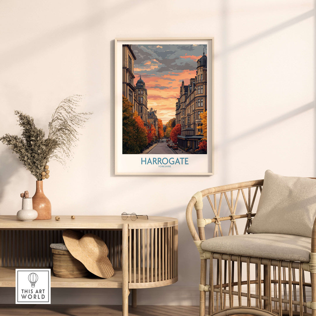 Harrogate Yorkshire Autumn Street Art Print | Sunset Avenue Poster displayed in a cozy living room setting.