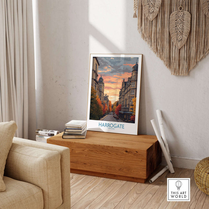 Harrogate Yorkshire Autumn Street Art Print | Sunset Avenue Poster displayed in a cozy living room setting.
