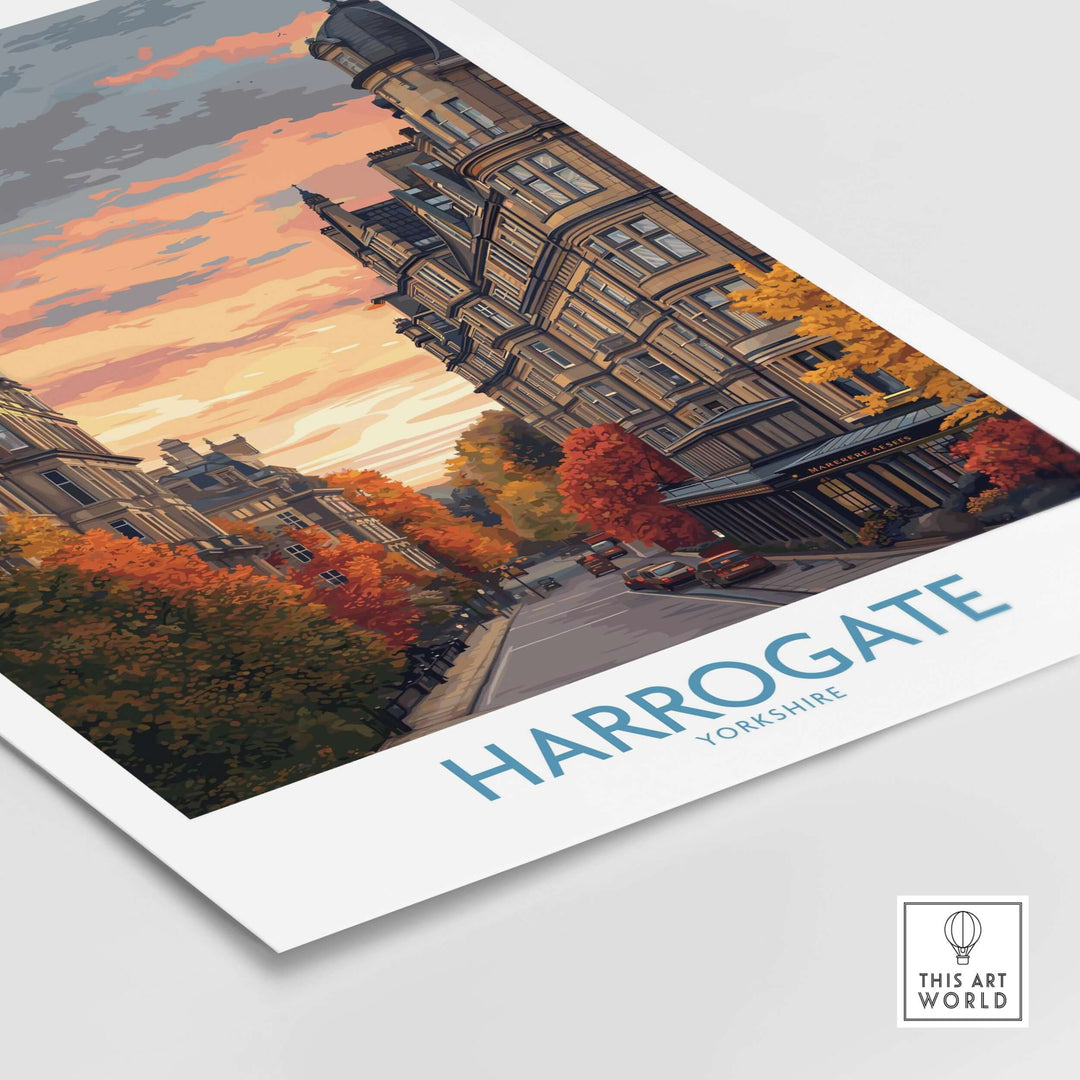 Harrogate Yorkshire Autumn Street Art Print | Sunset Avenue Poster showcasing a serene sunset on a charming avenue.