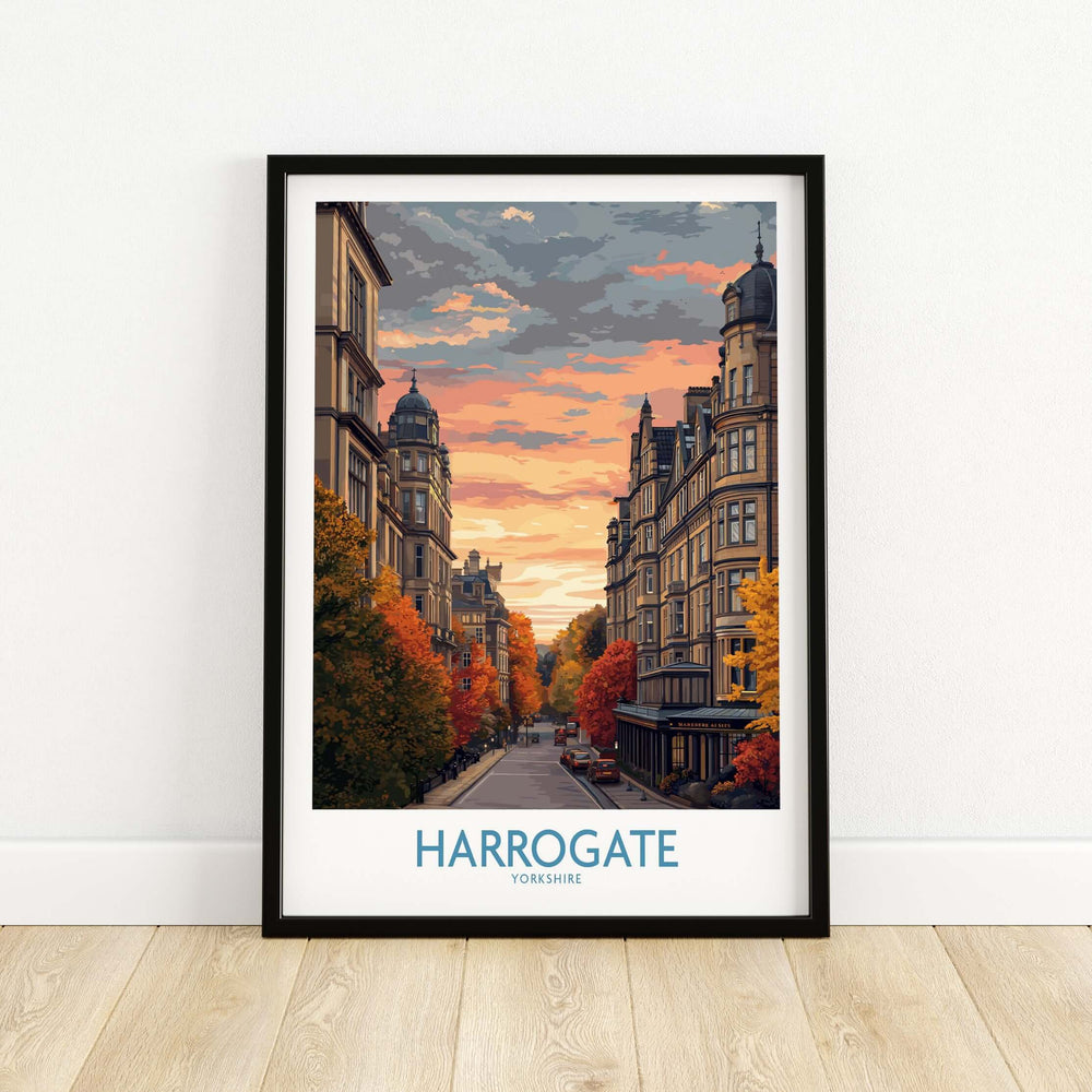 Harrogate Yorkshire Autumn Street Art Print | Sunset Avenue Poster showcasing autumn colors and street art in Harrogate.