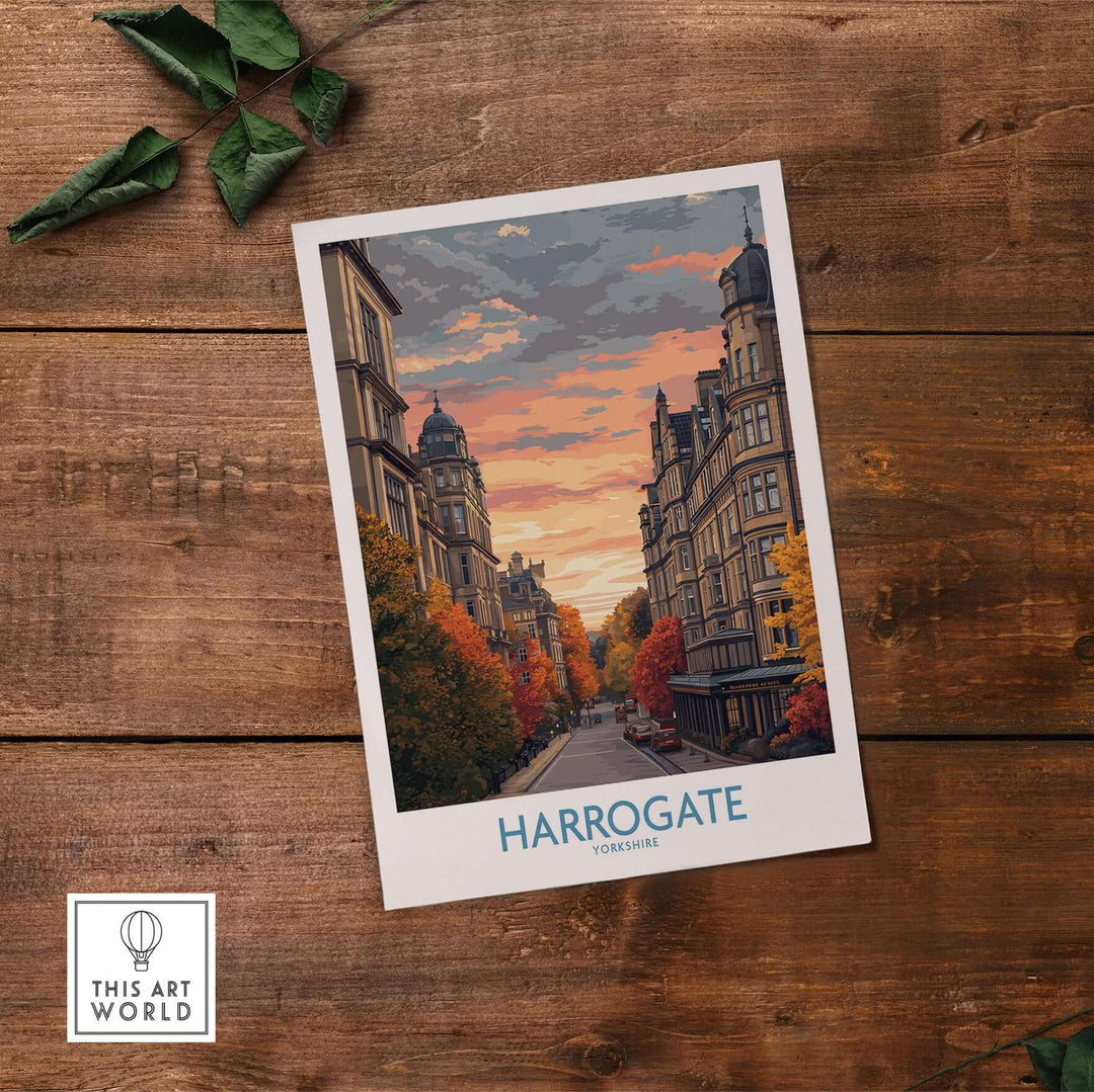 Harrogate Yorkshire Autumn Street Art Print | Sunset Avenue Poster showcasing a sunset-lit street in autumn colors.