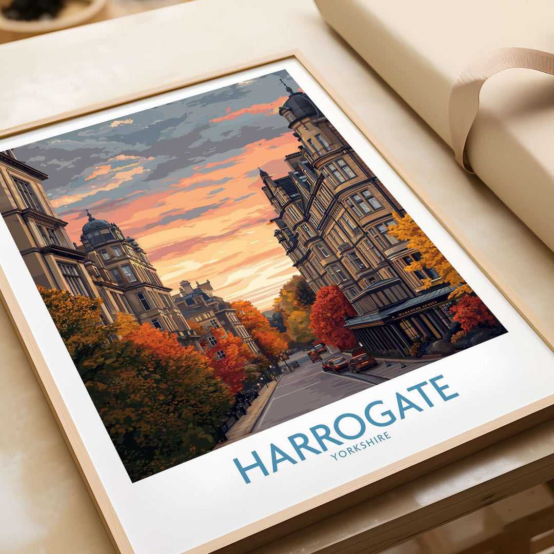 Harrogate Yorkshire Autumn Street Art Print | Sunset Avenue Poster featuring a sunset-lit street in autumn colors.