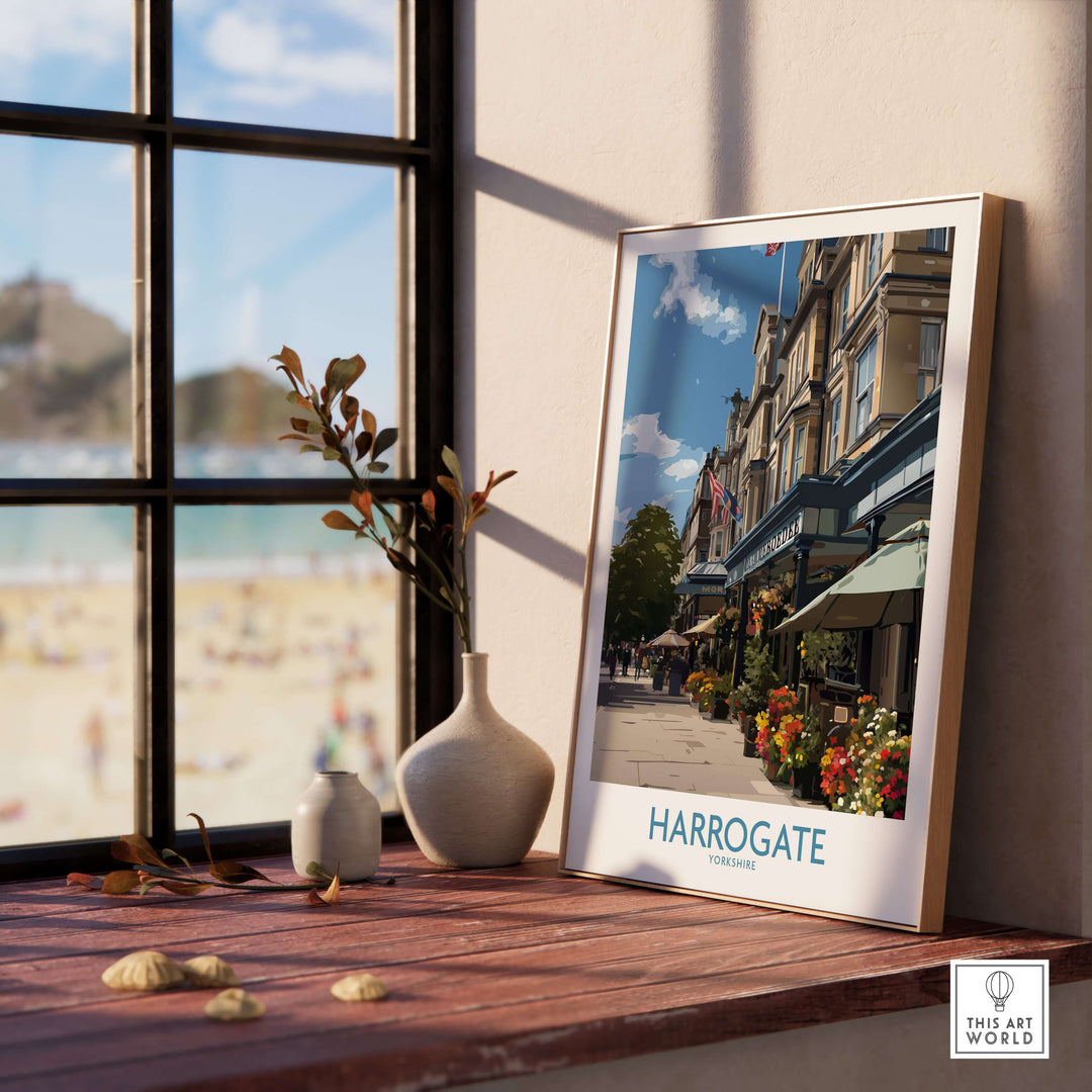 Harrogate Yorkshire Art Print | Floral Cafe Scene Poster displayed in a cozy setting with floral elements.
