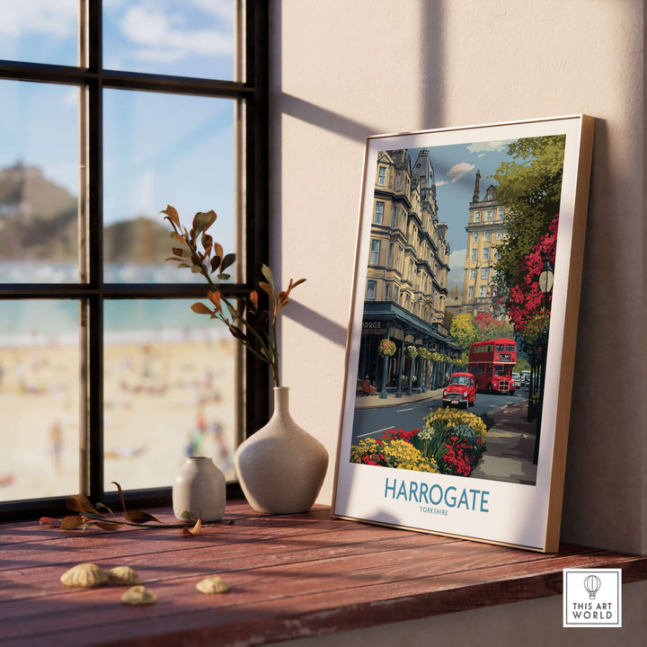 Harrogate Yorkshire Print | Floral Street Scene Poster displayed on a wooden surface near a window.