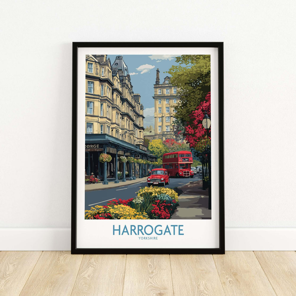 Harrogate Yorkshire Print | Floral Street Scene Poster showcasing vibrant flowers and iconic architecture of Harrogate.