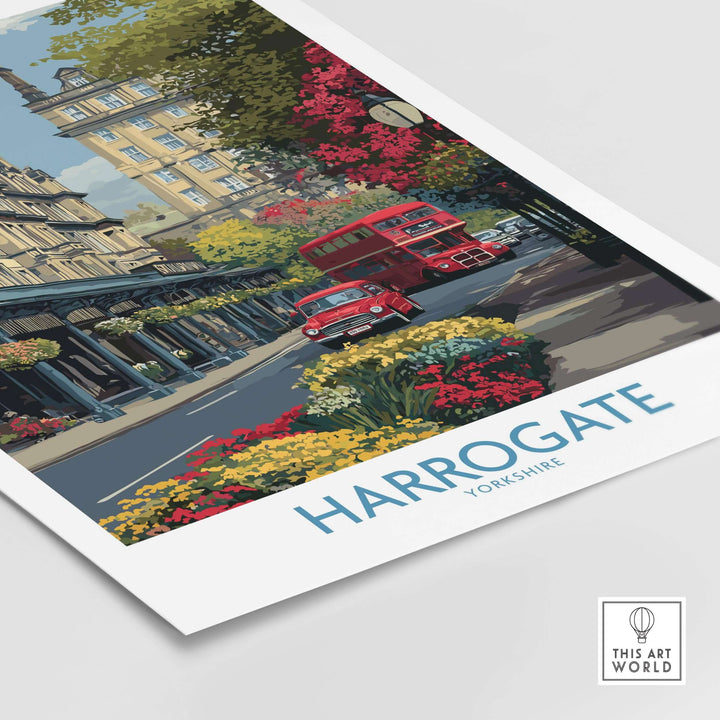Harrogate Yorkshire Print | Floral Street Scene Poster featuring vibrant floral elements and classic British vehicles.