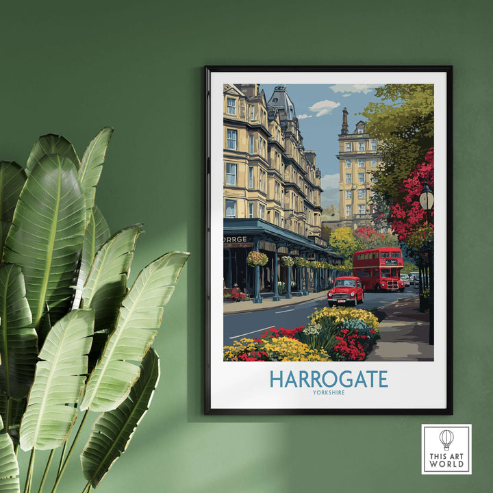 Harrogate Yorkshire Print | Floral Street Scene Poster featuring a vibrant street view with floral elements and a red bus.
