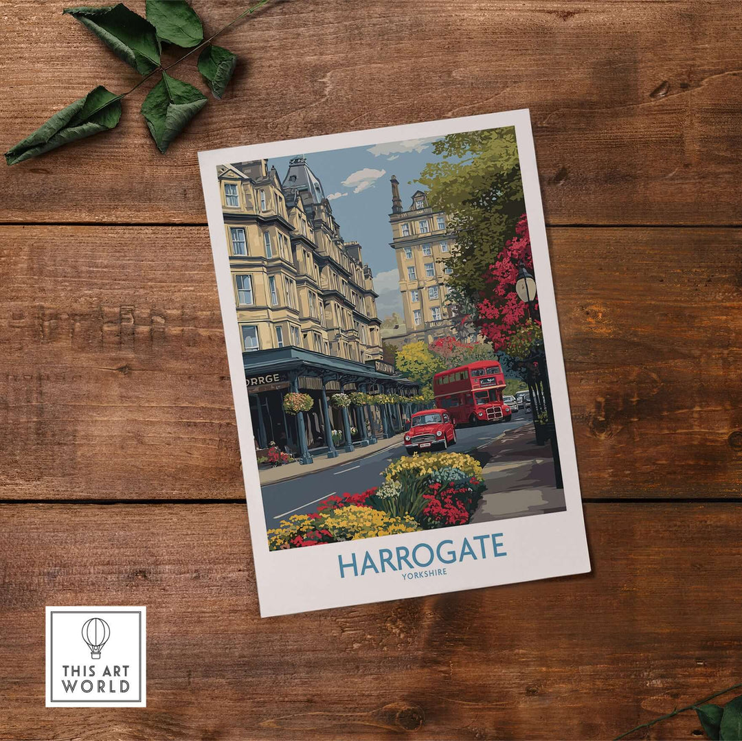 Harrogate Yorkshire Print | Floral Street Scene Poster showcasing a vibrant street in Harrogate with flowers and a red bus.