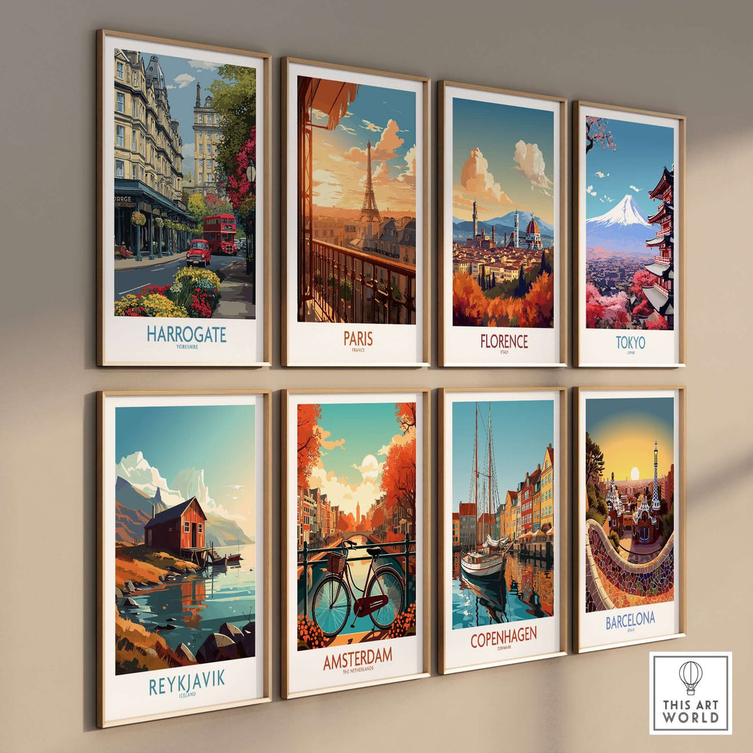 Harrogate Yorkshire Print | Floral Street Scene Poster showcased among various city prints on a wall.