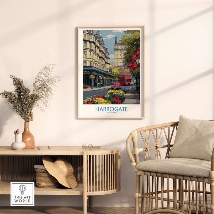 Harrogate Yorkshire Print | Floral Street Scene Poster showcasing a vibrant street scene with a red bus and floral surroundings.