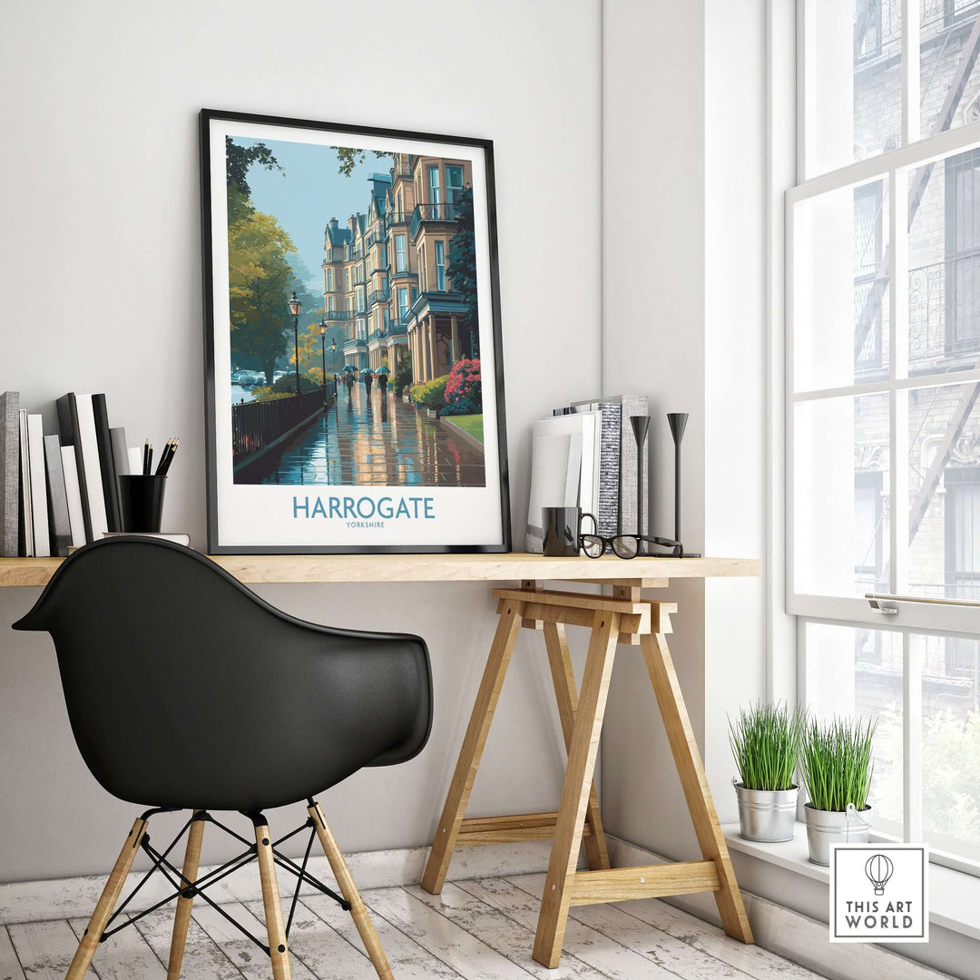 Harrogate Yorkshire Victorian Terrace Art Print | Rainy Street Poster displayed in a stylish interior setting.