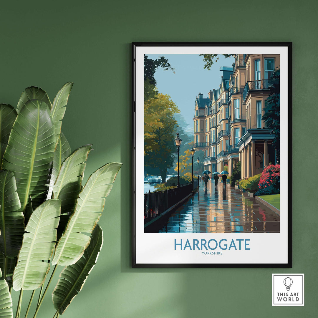 Harrogate Yorkshire Victorian Terrace Art Print | Rainy Street Poster displayed on a green wall with tropical plants.