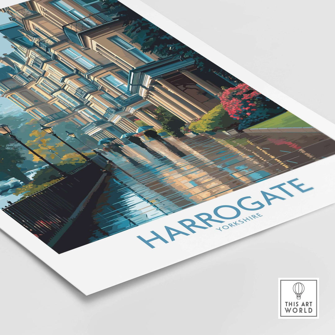 Harrogate Yorkshire Victorian Terrace Art Print | Rainy Street Poster showcasing Victorian architecture and rainy reflections.
