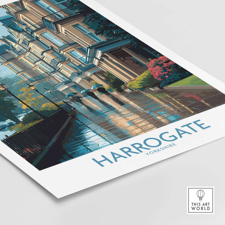 Harrogate Yorkshire Victorian Terrace Art Print | Rainy Street Poster showcasing Victorian architecture and rainy reflections.