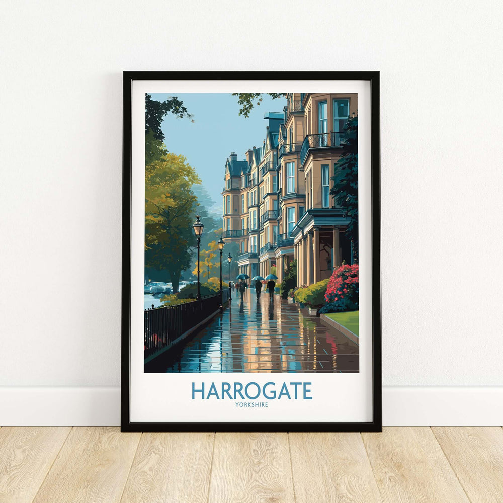 Harrogate Yorkshire Victorian Terrace Art Print | Rainy Street Poster showcasing elegant Victorian terraces in Harrogate.