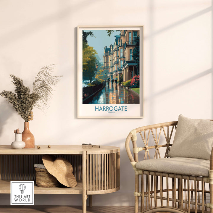 Harrogate Yorkshire Victorian Terrace Art Print | Rainy Street Poster displayed in a cozy living room setting.